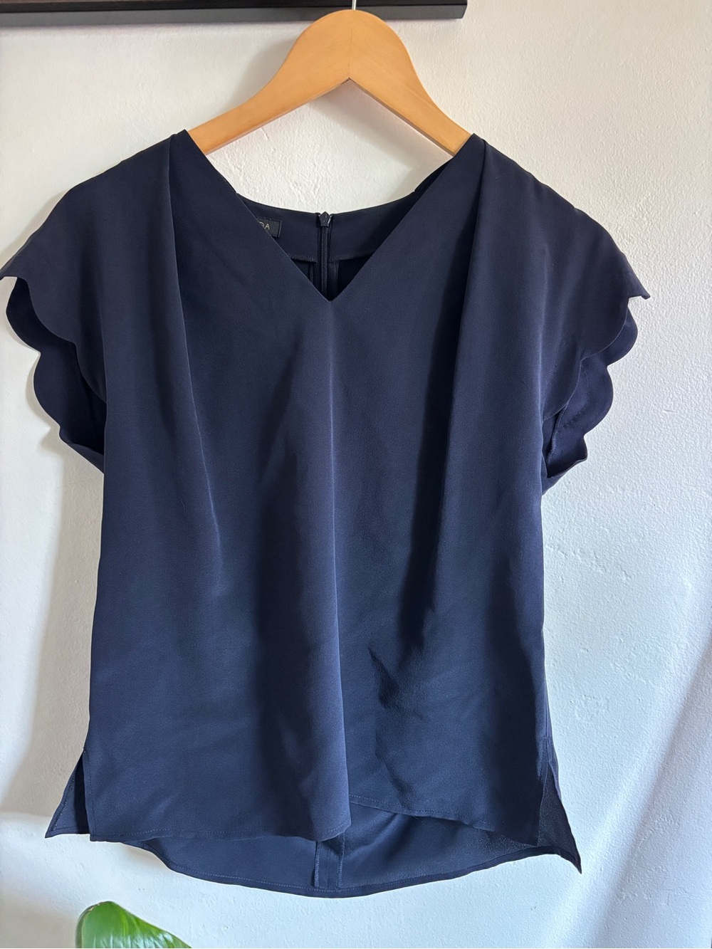 Escada Navy V-Neck Scalloped Sleeve Blouse